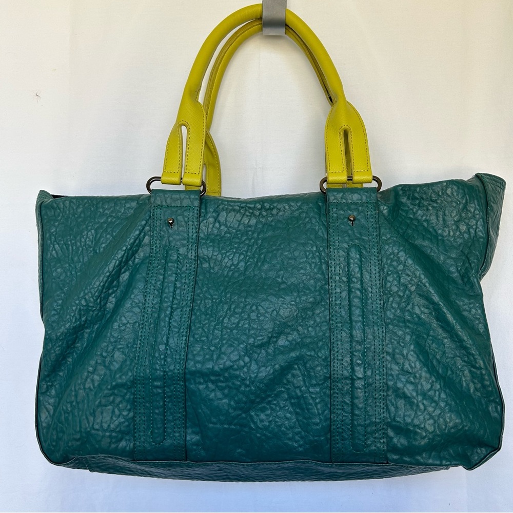FRENCH CONNECTION TOTE LEATHER BAG PURSE HANDBAG AQUA GREEN YELLOW HANDLE
